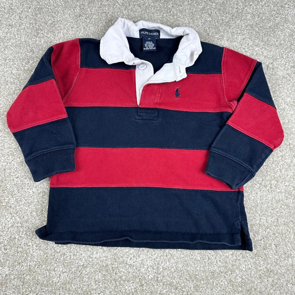 Ralph Lauren Toddler Boy 3T Rugby Shirt Long Sleeve Striped Navy Red Cotton Polo